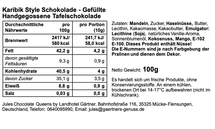 Karibik Style - gefüllte handgeschöpfte Schokoladentafel